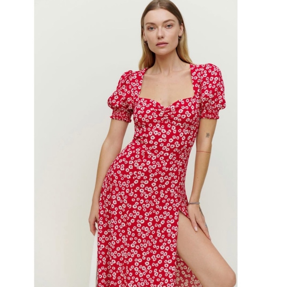 NWOT Reformation Lacey Smocked Sleeve Dress Red Floral 2